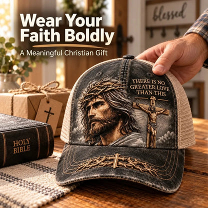 ✝️There Is No Greater Love Christian Jesus Hat – Vintage Crown of Thorns & Cross Faith Trucker Cap