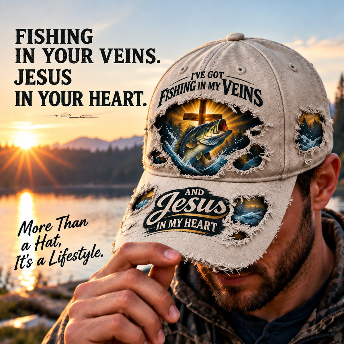 🎣✝️ Fishing & Faith Cap | “Fishing in My Veins, Jesus in My Heart” 🙏🌊(🧢100% cotton)