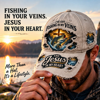 🎣✝️ Fishing & Faith Cap | “Fishing in My Veins, Jesus in My Heart” 🙏🌊(🧢100% cotton)