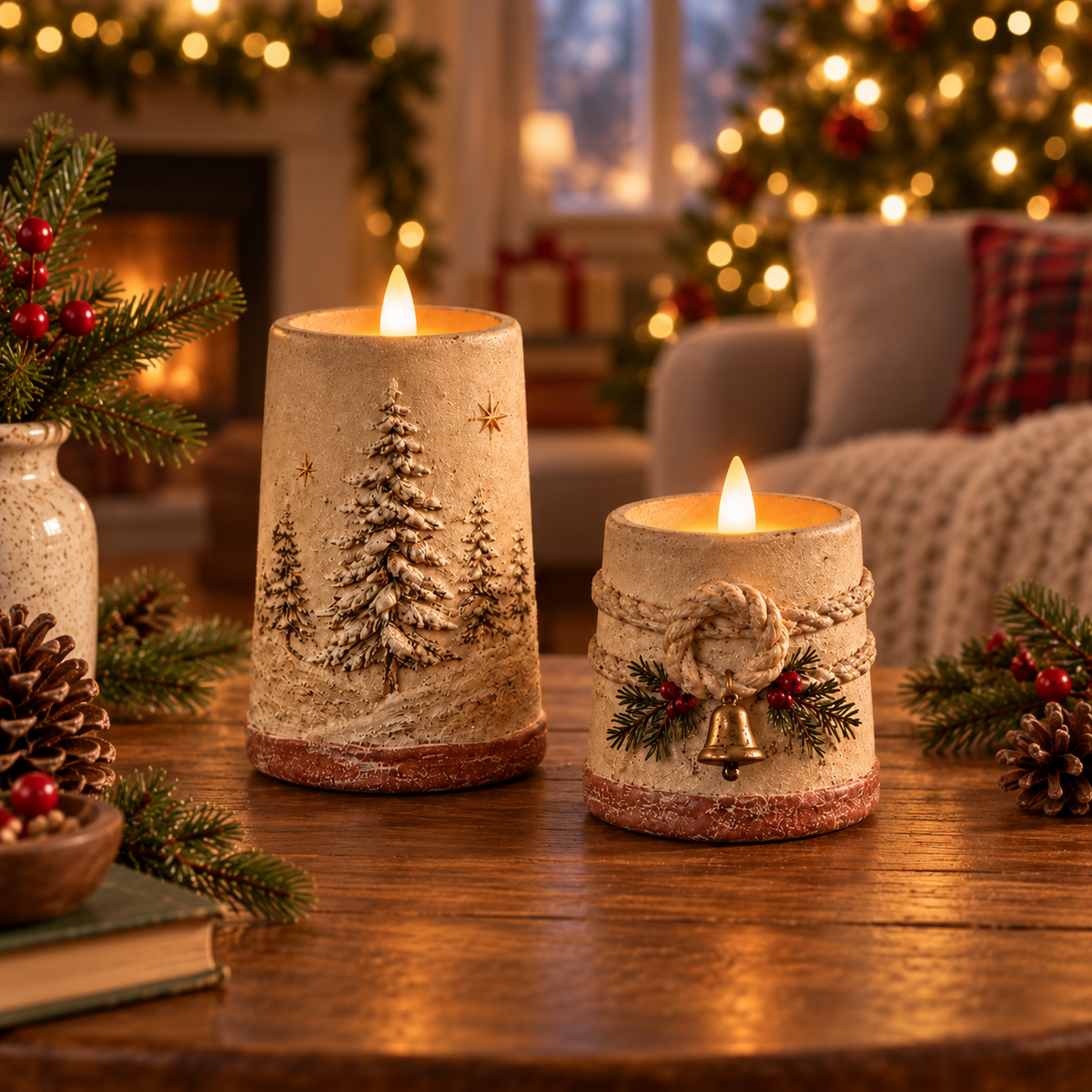 🕯 Rustic Christmas Flameless LED Candle Decor Set of 2