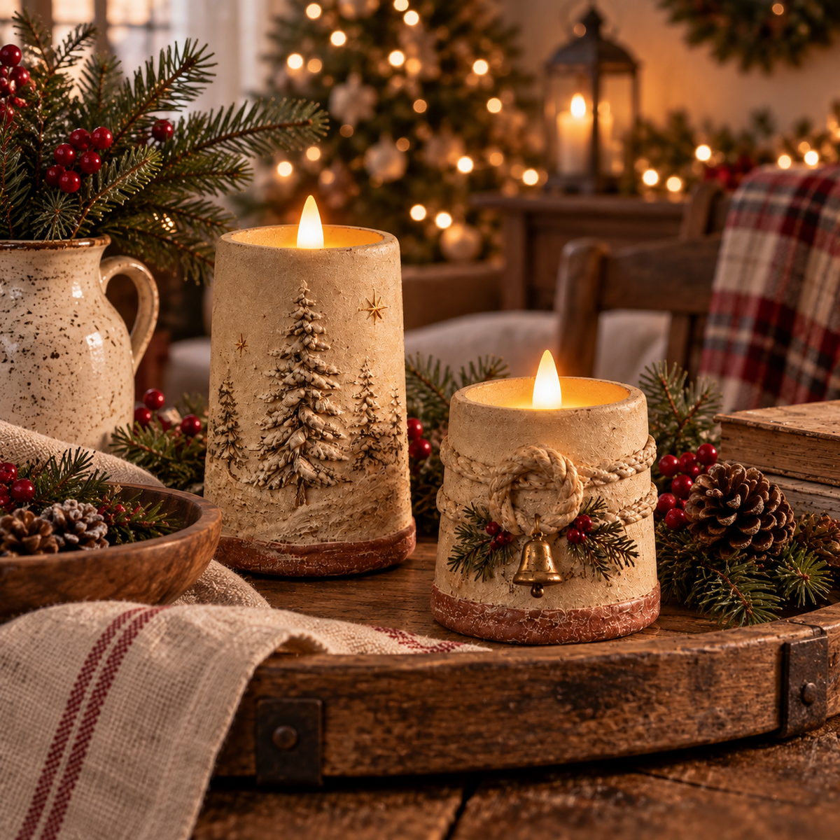 🕯 Rustic Christmas Flameless LED Candle Decor Set of 2