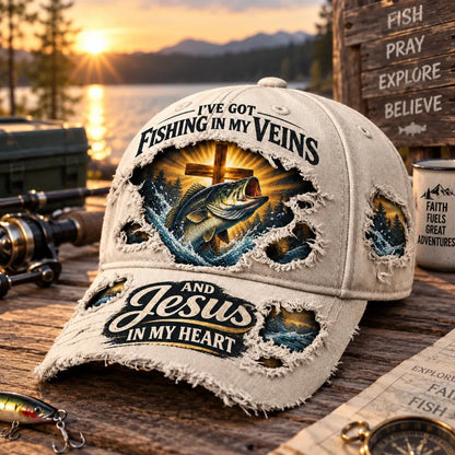 🎣✝️ Fishing & Faith Cap | “Fishing in My Veins, Jesus in My Heart” 🙏🌊(🧢100% cotton)