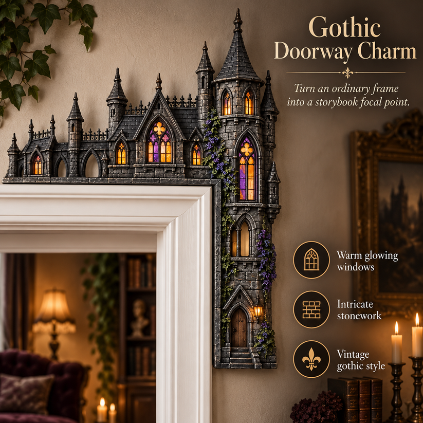 Gothic Castle Door Topper styled over a doorway