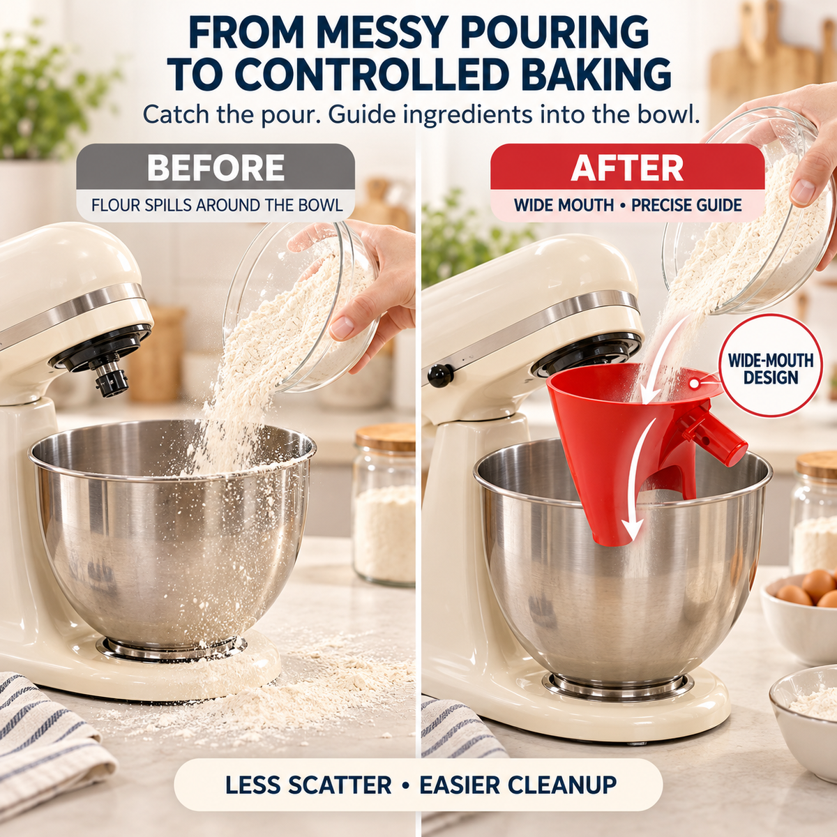 🥣 Mess-free Stand Mixer Flour Funnel – Wide-mouth Ingredient Pouring Guide