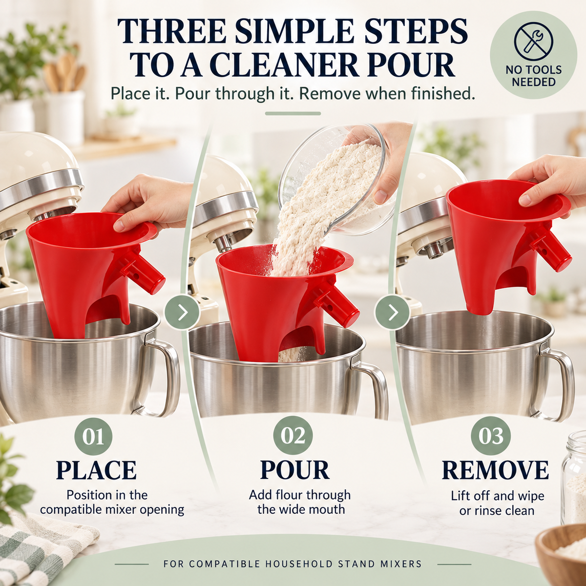 🥣 Mess-free Stand Mixer Flour Funnel – Wide-mouth Ingredient Pouring Guide