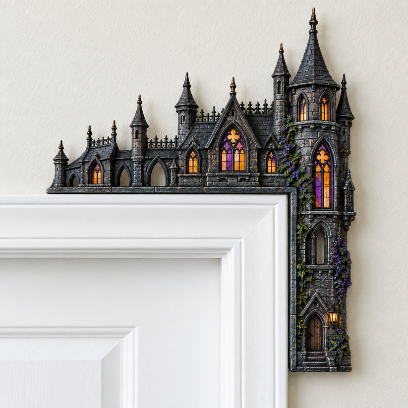 Gothic Castle Door Topper shown on a simple white doorway