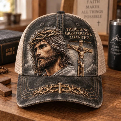 ✝️There Is No Greater Love Christian Jesus Hat – Vintage Crown of Thorns & Cross Faith Trucker Cap