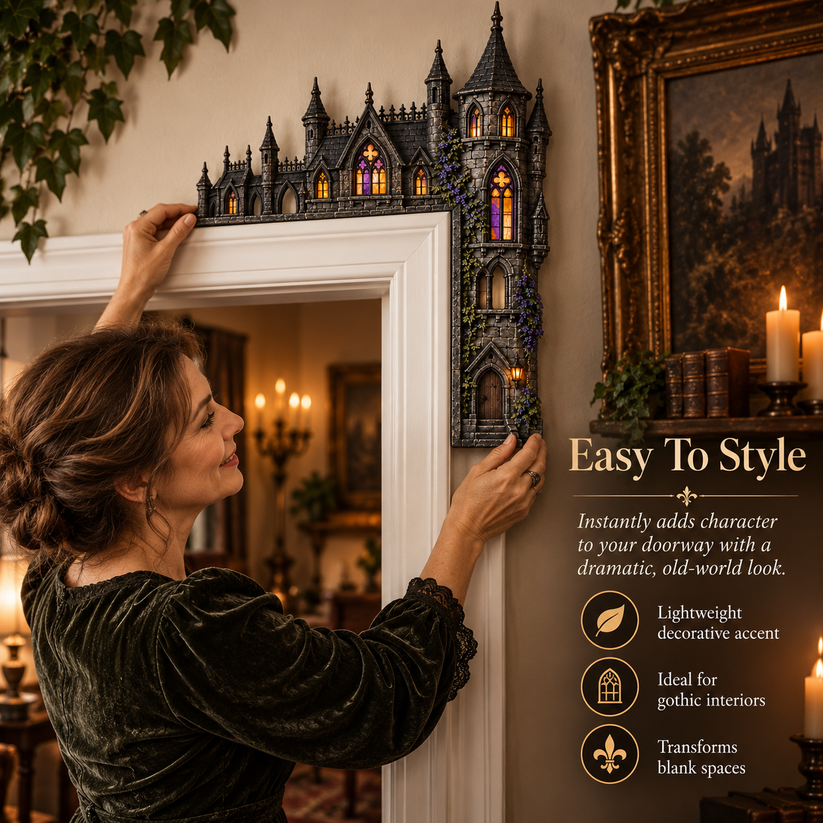 Gothic Castle Door Topper being styled around a doorway