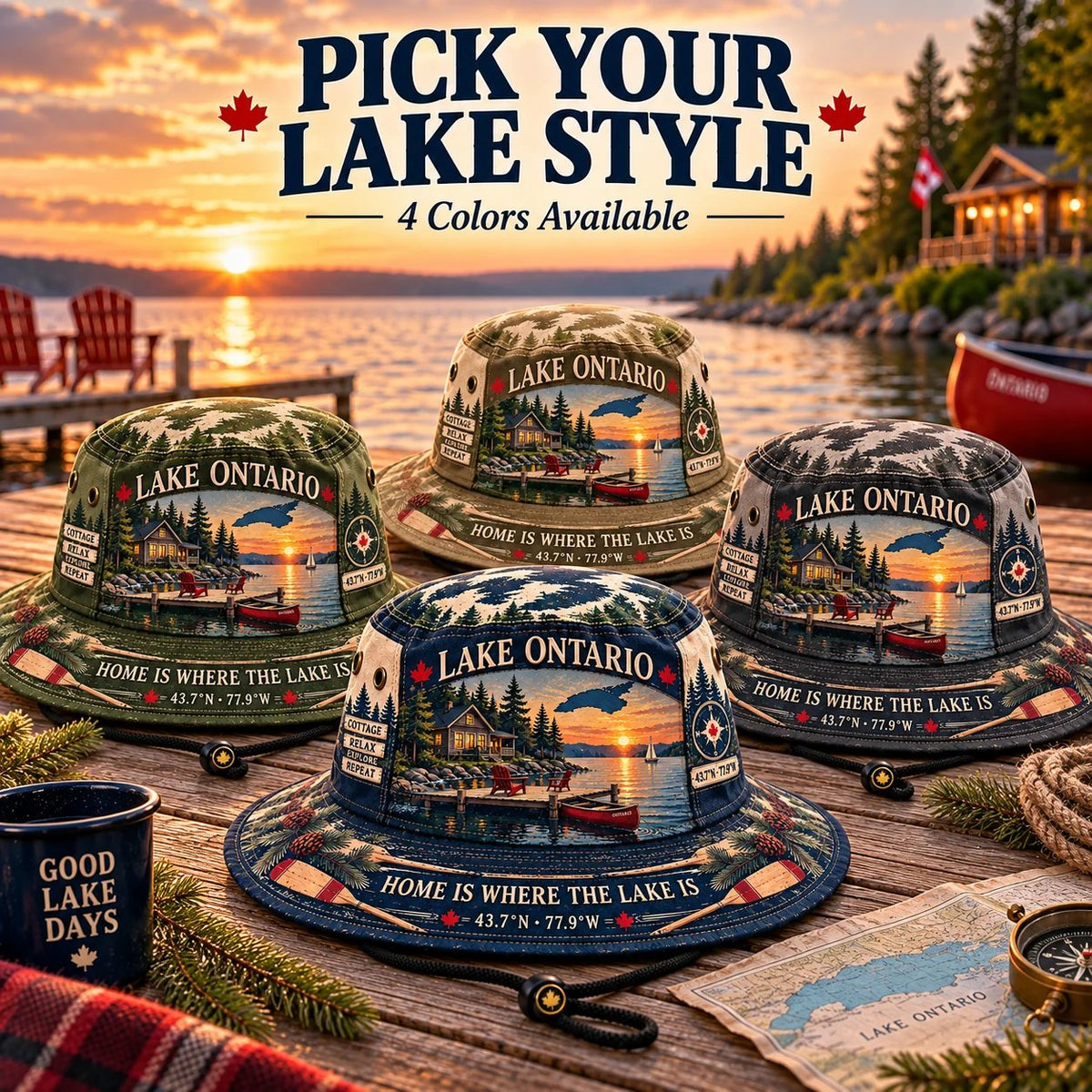 🔥LAST DAY 50% OFF - 🌊🍁 Lake Ontario Cottage Life Boonie Hat – Home Is Where the Lake Is (🧢100% Cotton)