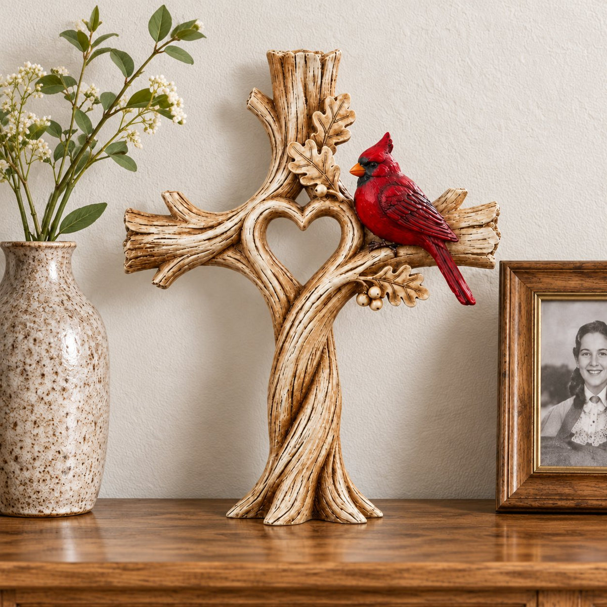 Cardinal Heart Tree Cross – Hand-Carved Solid Wood Decor